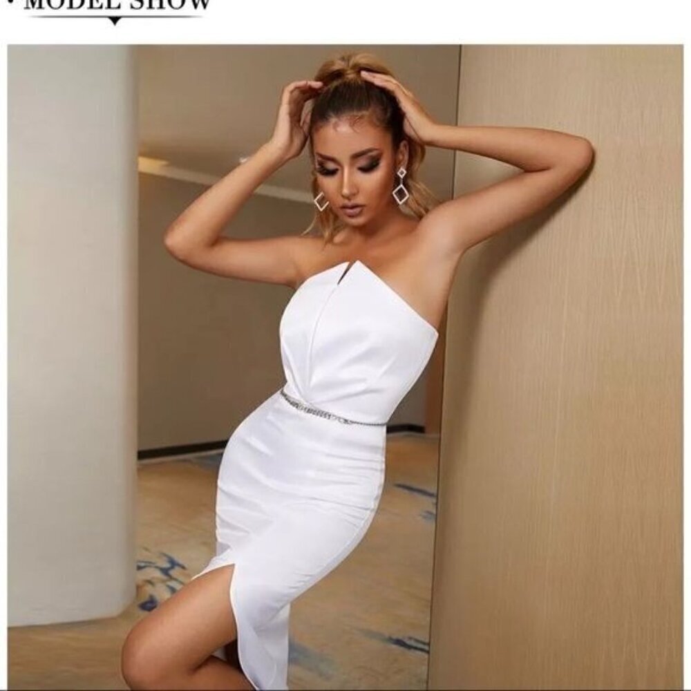 white strapless sheath dress pleated bodice M - Picture 3 of 14